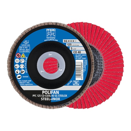 Pferd 5" x 7/8" A.H. POLIFAN Flap Disc - CO-COOL SG STEELOX, Ceramic oxide, 40 Grit, Conical 62657